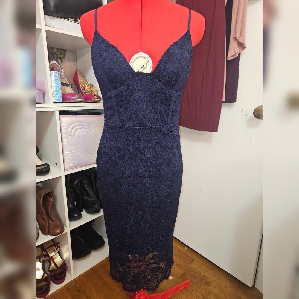 Navy blue lace midi dress with corset top and zip back